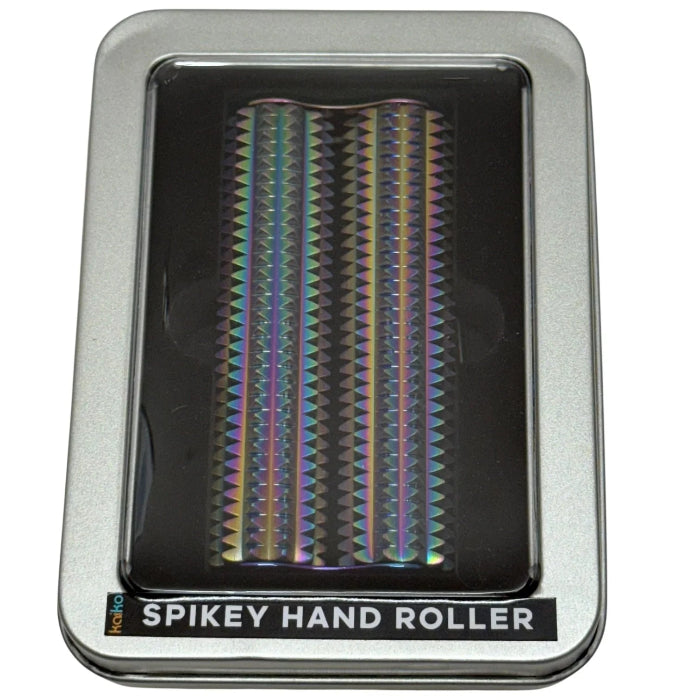 Kaiko Spikey Hand Roller with iridescent textured metal rollers packaged in a silver display tin