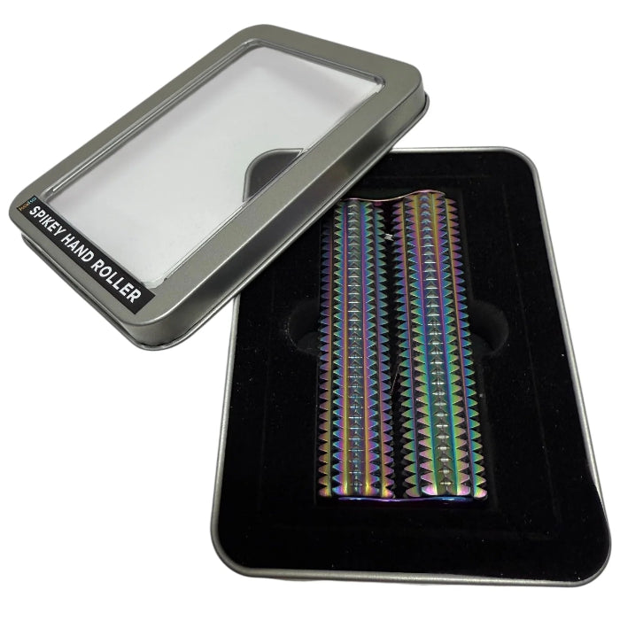Kaiko Spikey Hand Roller with textured iridescent metal rollers presented in an open silver storage tin