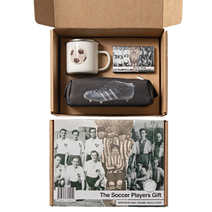 The Soccer Players Gift set with soccer ball enamel mug, soccer soap and black boot-print wash bag in a vintage team photo box — Adventure Awaits