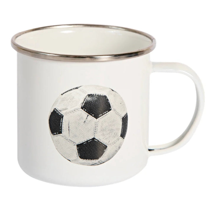White enamel soccer mug with vintage black-and-white football print and silver rim — Adventure Awaits