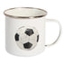 White enamel soccer mug with vintage black-and-white football print and silver rim — Adventure Awaits