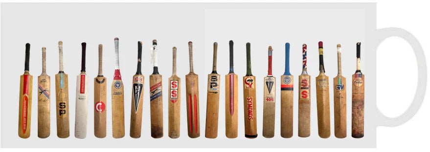 Sporting Nation white coffee mug with 21 vintage cricket bats from the 1970s and 1980s — Adventure Awaits