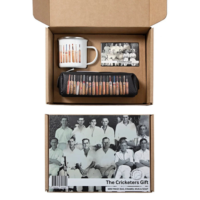 The Cricketers Gift set with cricket bat enamel mug, cricketers soap and matching wash bag in vintage team photo box — Adventure Awaits
