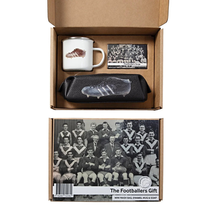 The Footballers Gift set with mini wash bag, enamel mug and footballers soap in a vintage team photo box — Adventure Awaits