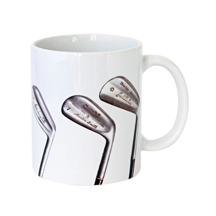 Sporting Nation white coffee mug with three vintage golf club designs — Adventure Awaits