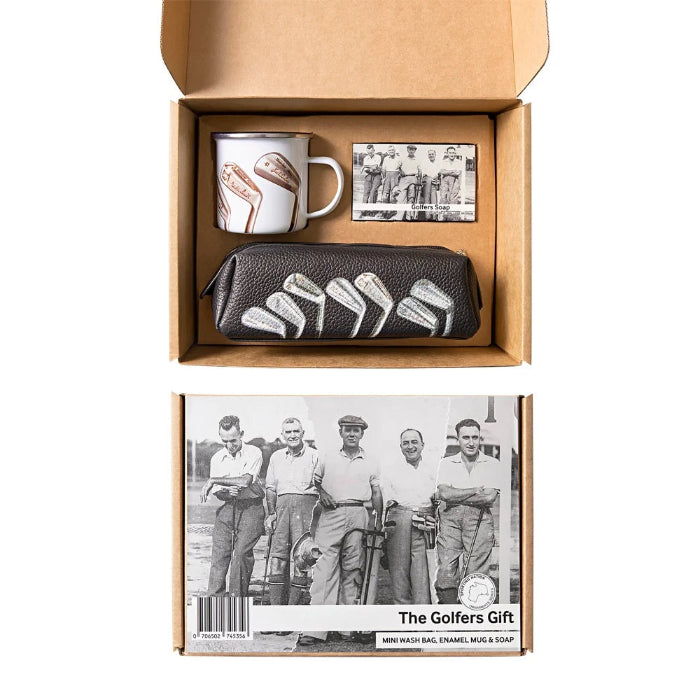 The Golfers Gift set with golf club enamel mug, golfers soap and matching wash bag in vintage golf photo box — Adventure Awaits