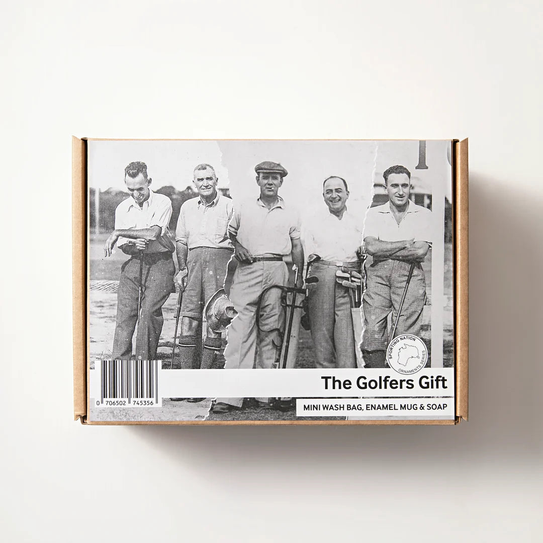 The Golfers Gift box featuring a vintage black-and-white photo of golfers and classic gift set branding — Adventure Awaits