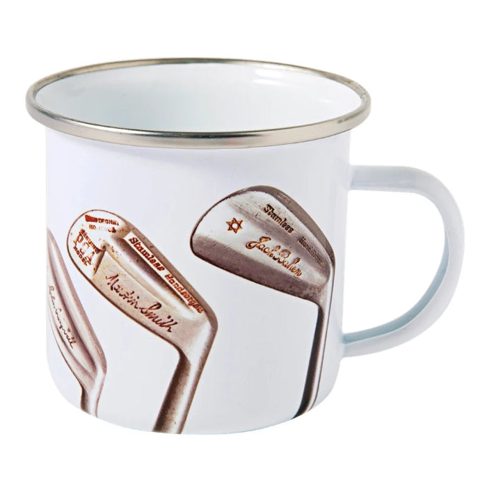 White enamel golf mug with vintage golf club prints and silver rim — Adventure Awaits