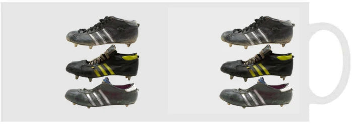 Sporting Nation white coffee mug with three vintage football boot designs on both sides — Adventure Awaits