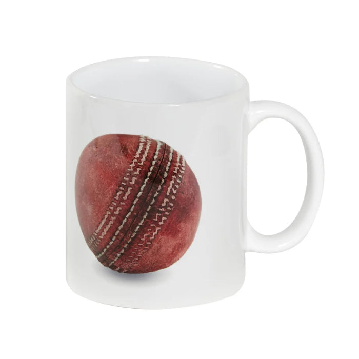 Sporting Nation white coffee mug with a vintage red cricket ball design — Adventure Awaits