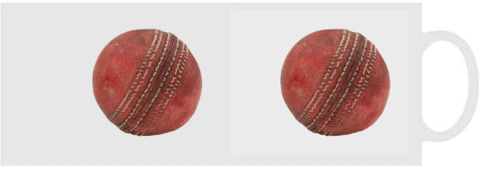 Sporting Nation white coffee mug with vintage red cricket ball designs on both sides — Adventure Awaits