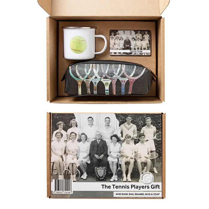 The Tennis Players Gift set with tennis racket wash bag, enamel mug and soap in gift box — Adventure Awaits