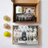 The Tennis Players Gift set with enamel mug, tennis wash bag and soap beside vintage tennis balls — Adventure Awaits