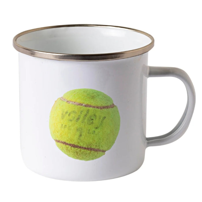 White enamel mug with silver rim and vintage green tennis ball print — Adventure Awaits