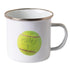 White enamel mug with silver rim and vintage green tennis ball print — Adventure Awaits