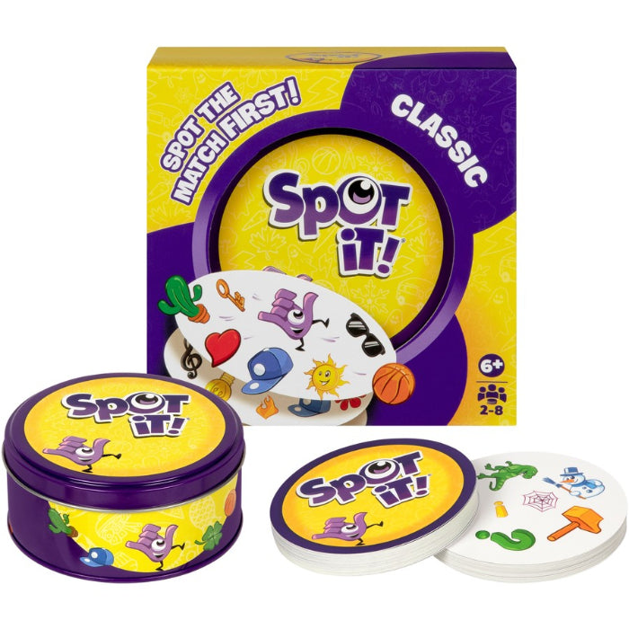 Spot It classic card game set with tin, cards and box, fast paced matching game for family fun and quick reflex play at home or travel Adventure Awaits