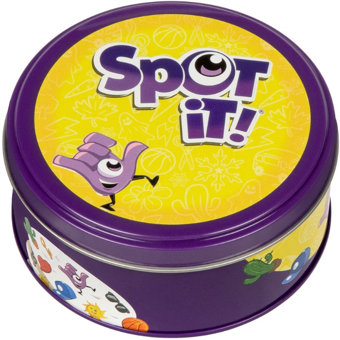 Spot It card game tin with purple lid and yellow design, compact travel friendly family game for fast matching fun at home or on the go Adventure Awaits