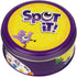 Spot It card game tin with purple lid and yellow design, compact travel friendly family game for fast matching fun at home or on the go Adventure Awaits