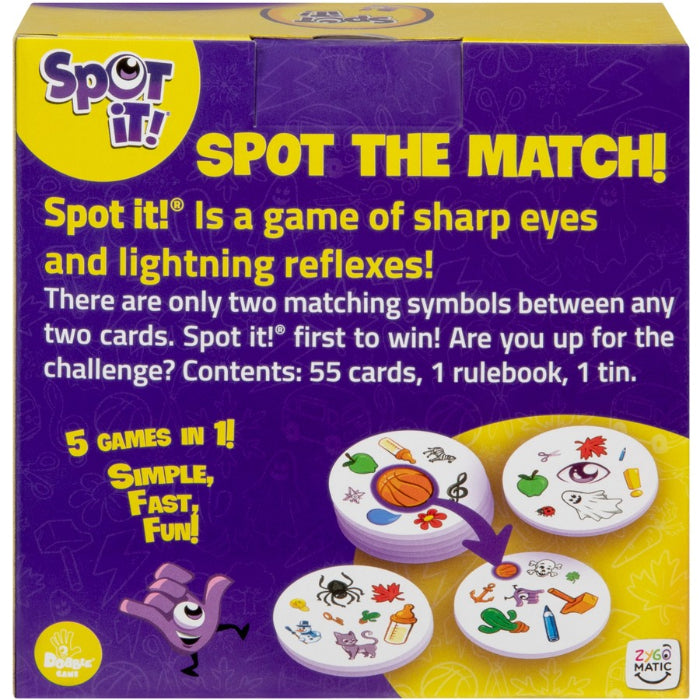 Spot It game box back showing gameplay instructions, matching symbol cards and fast paced family game features for fun at home or travel Adventure Awaits