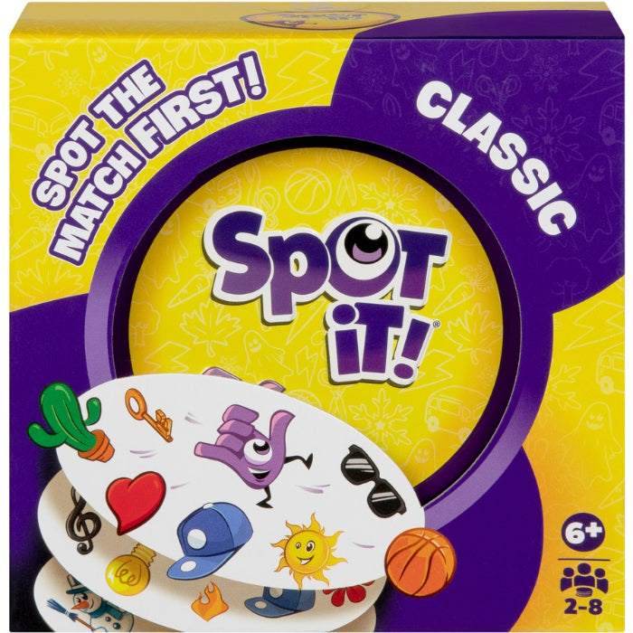 Spot It classic card game box featuring matching symbol gameplay, fast paced family game for sharp eyes and quick reflex fun at home or travel Adventure Awaits