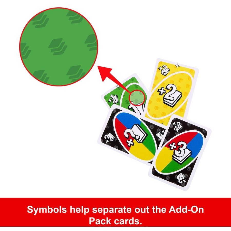 UNO Add-On Stack Pack cards with matching symbols to help separate them from the main deck — Adventure Awaits