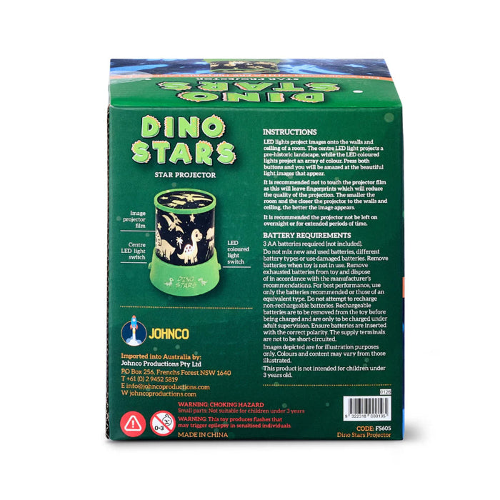 Dino Stars star projector box back with instructions and battery details — Adventure Awaits