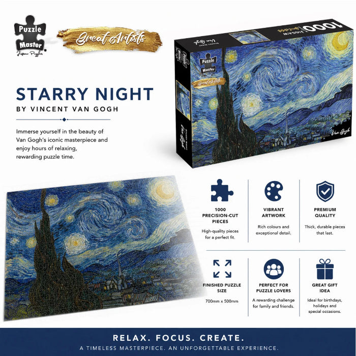 Puzzle Master Starry Night 1000-piece jigsaw puzzle with finished artwork and product features — Adventure Awaits