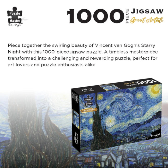 Puzzle Master 1000-piece Van Gogh Starry Night jigsaw puzzle with artwork and product details — Adventure Awaits