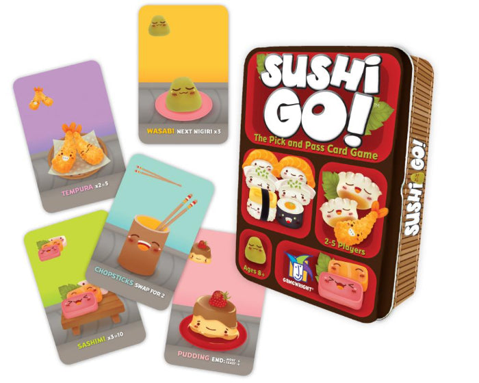 Sushi Go card game with tin and sample playing cards including tempura sashimi wasabi and pudding, fun family party game