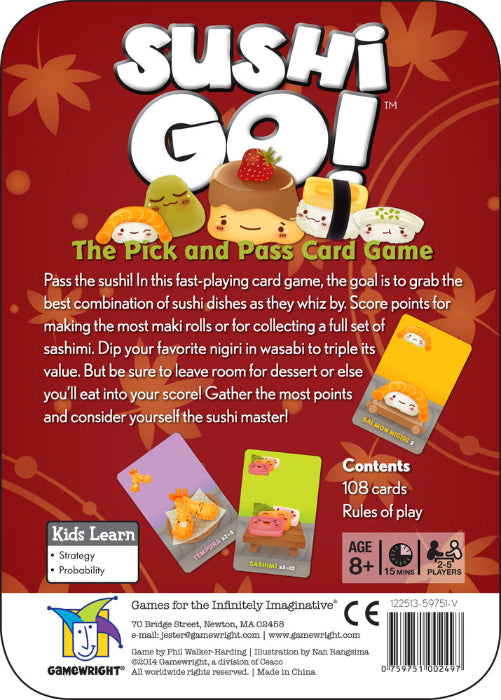 Sushi Go card game back of tin with game details instructions and sample cards, family party game for ages 8 plus