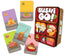 Sushi Go card game with tin and sample playing cards including tempura sashimi wasabi and pudding, fun family party game