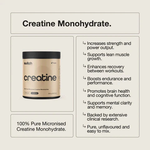 Switch Nutrition creatine monohydrate benefits graphic with product tub — Adventure Awaits