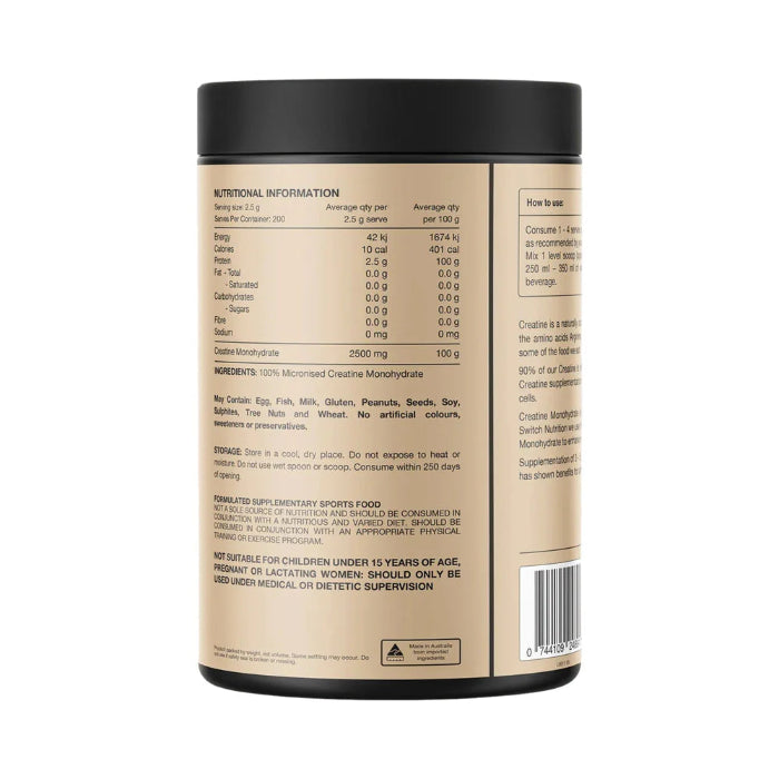 Back of Switch Nutrition creatine monohydrate tub with nutrition panel — Adventure Awaits
