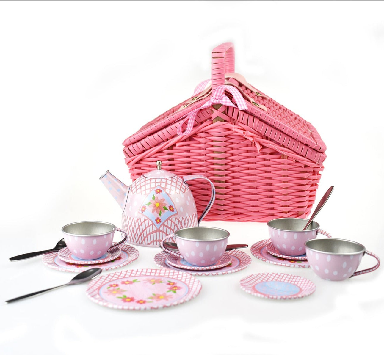 Floral Tin Tea Set in Basket 18pc