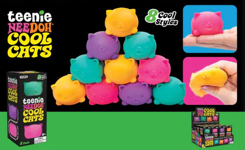 Teenie NeeDoh Cool Cats in eight bright colours with squishy cat shapes and packaging, Adventure Awaits