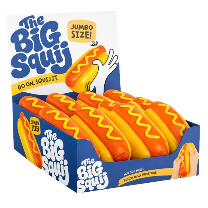 The Big Squiji jumbo hot dog squishy toys in a colourful retail display box — Adventure Awaits