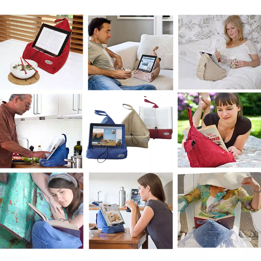 The Book Seat collage showing hands-free reading at home, outdoors and while travelling — Adventure Awaits