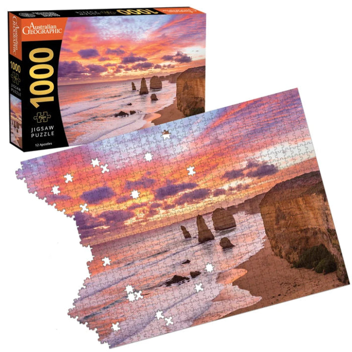 Australian Geographic Twelve Apostles 1000-piece jigsaw puzzle partly assembled beside the box — Adventure Awaits