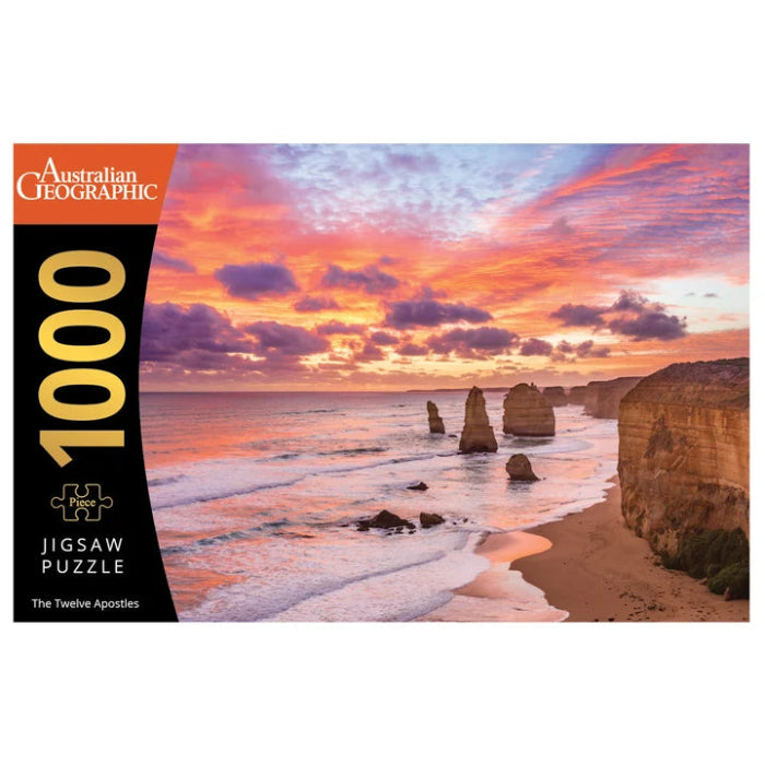Australian Geographic Twelve Apostles 1000-piece jigsaw puzzle artwork with sunset coastal scene — Adventure Awaits