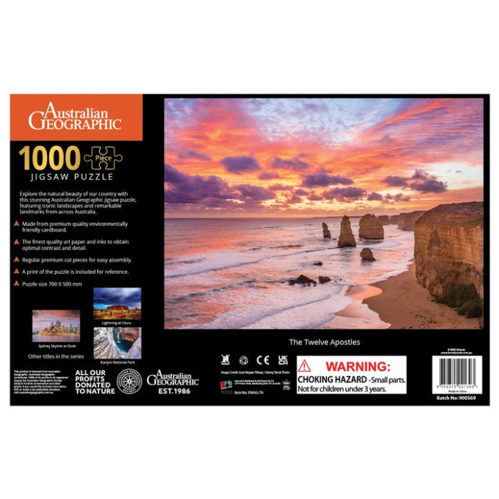 Back of Australian Geographic Twelve Apostles 1000-piece jigsaw puzzle box with product details — Adventure Awaits