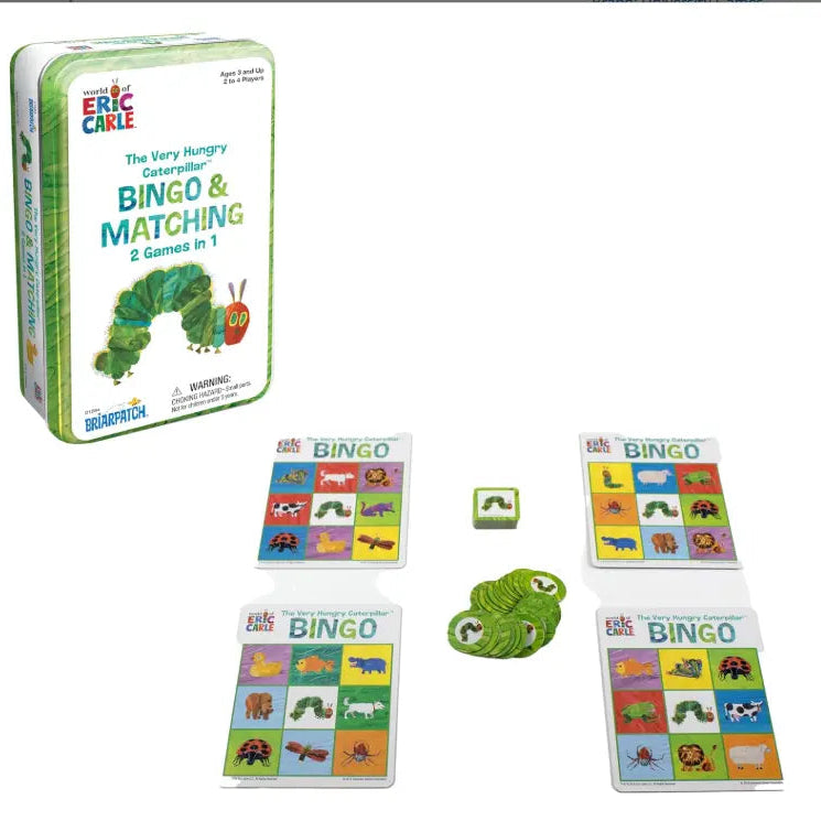 The Very Hungry Caterpillar Bingo & Matching kids travel game set laid out — Adventure Awaits