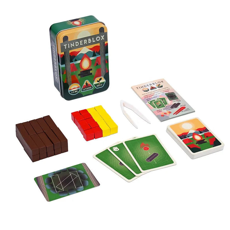 Tinderbox card game components including cards and packaging on a white background