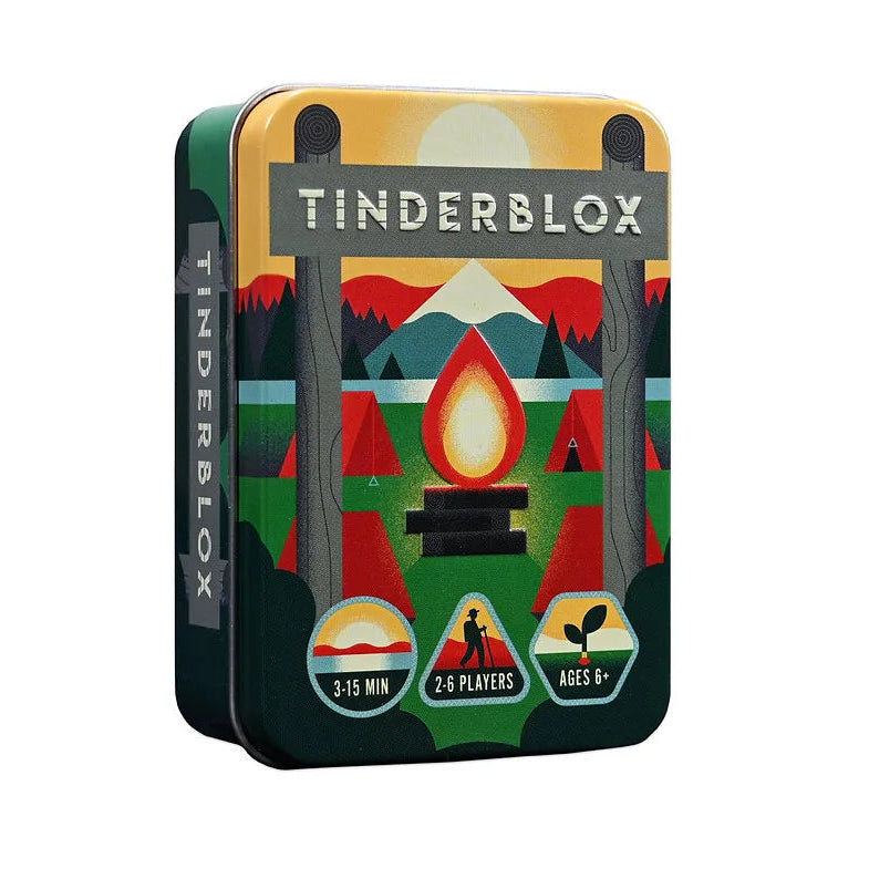Tinderblox packaging with colorful design and 'Tinderblox' branding on a white background