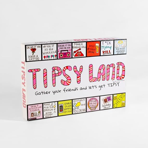 Tipsy Land party game box with colourful illustrated rules and challenges, fun drinking game for adults and social gatherings Adventure Awaits