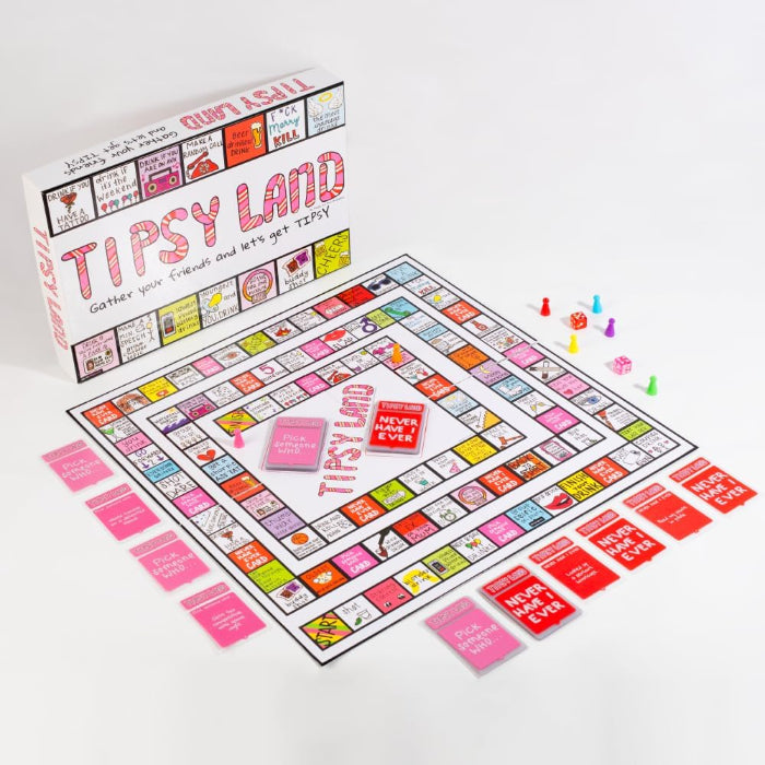 Tipsy Land party board game full set with board, cards, dice and player pieces, colourful adult drinking game for social gatherings Adventure Awaits