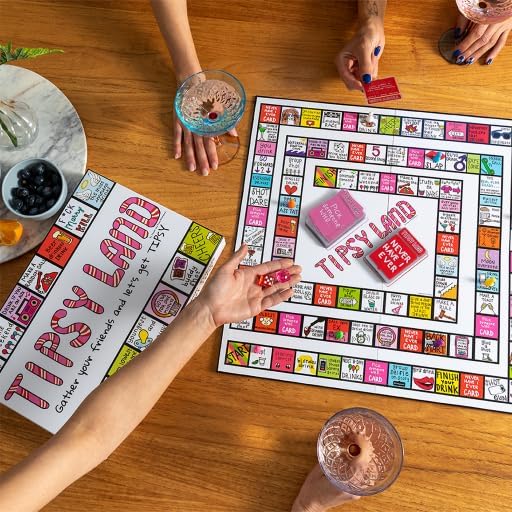Tipsy Land party board game in play with players holding drinks and cards, colourful adult drinking game for social gatherings and fun nights Adventure Awaits