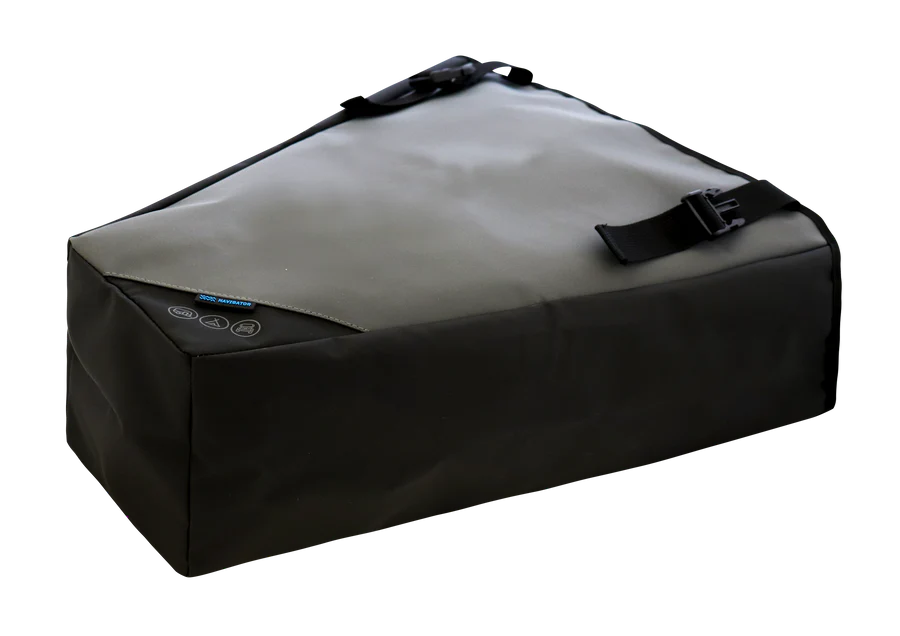 Tow Hitch Buddy caravan tow hitch cover shown folded with black securing straps — Adventure Awaits