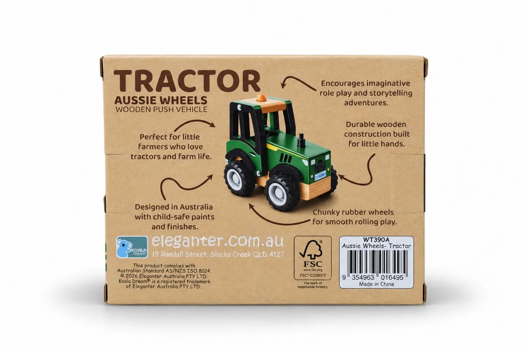 Back of Koala Dream Aussie Wheels tractor box showing wooden construction and chunky rubber wheels — Adventure Awaits