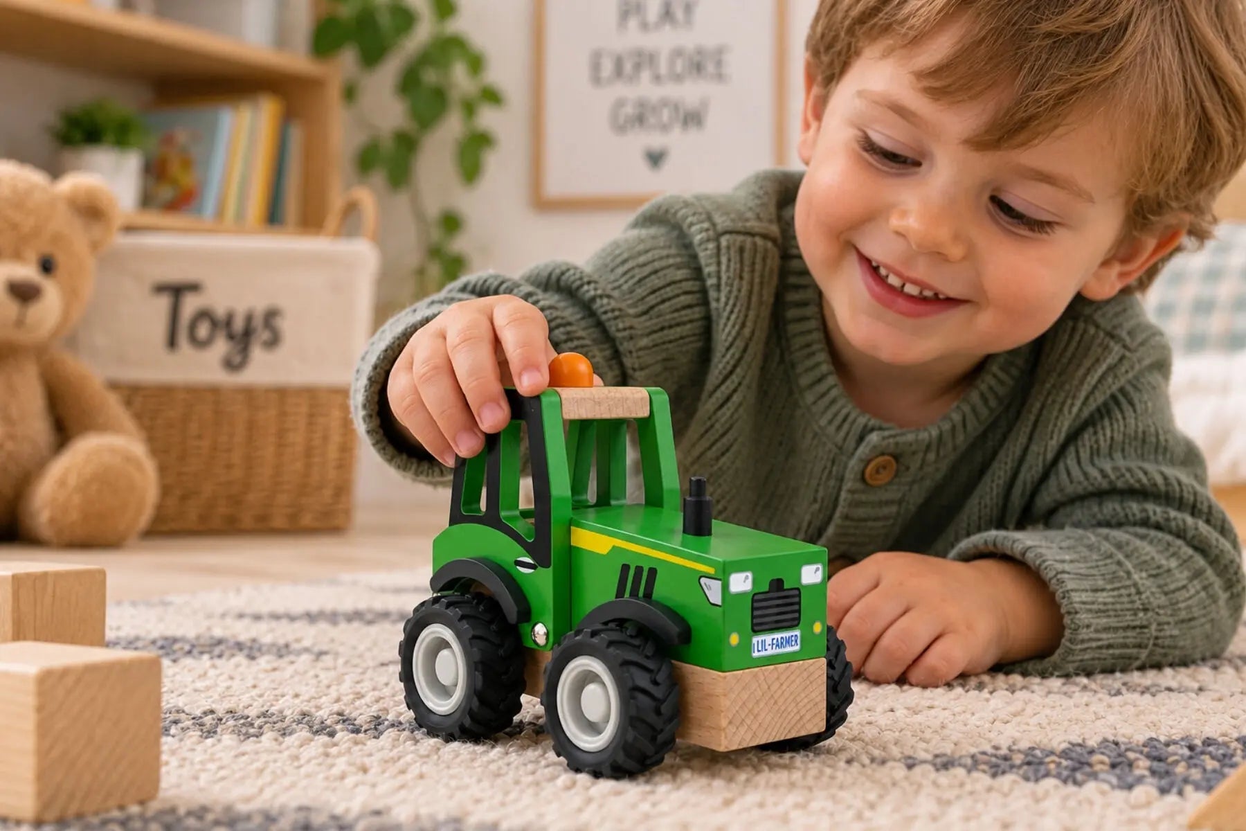 Child playing with Koala Dream green wooden tractor on a rug in a playroom — Adventure Awaits