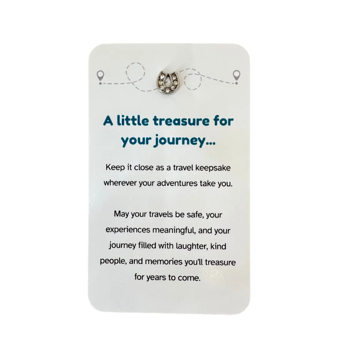 Travel keepsake card with crystal horseshoe charm and journey message — Adventure Awaits